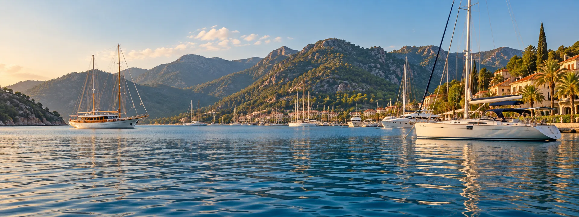 Dağlarla çevrili sakin bir Akdeniz marinası — temsili görsel